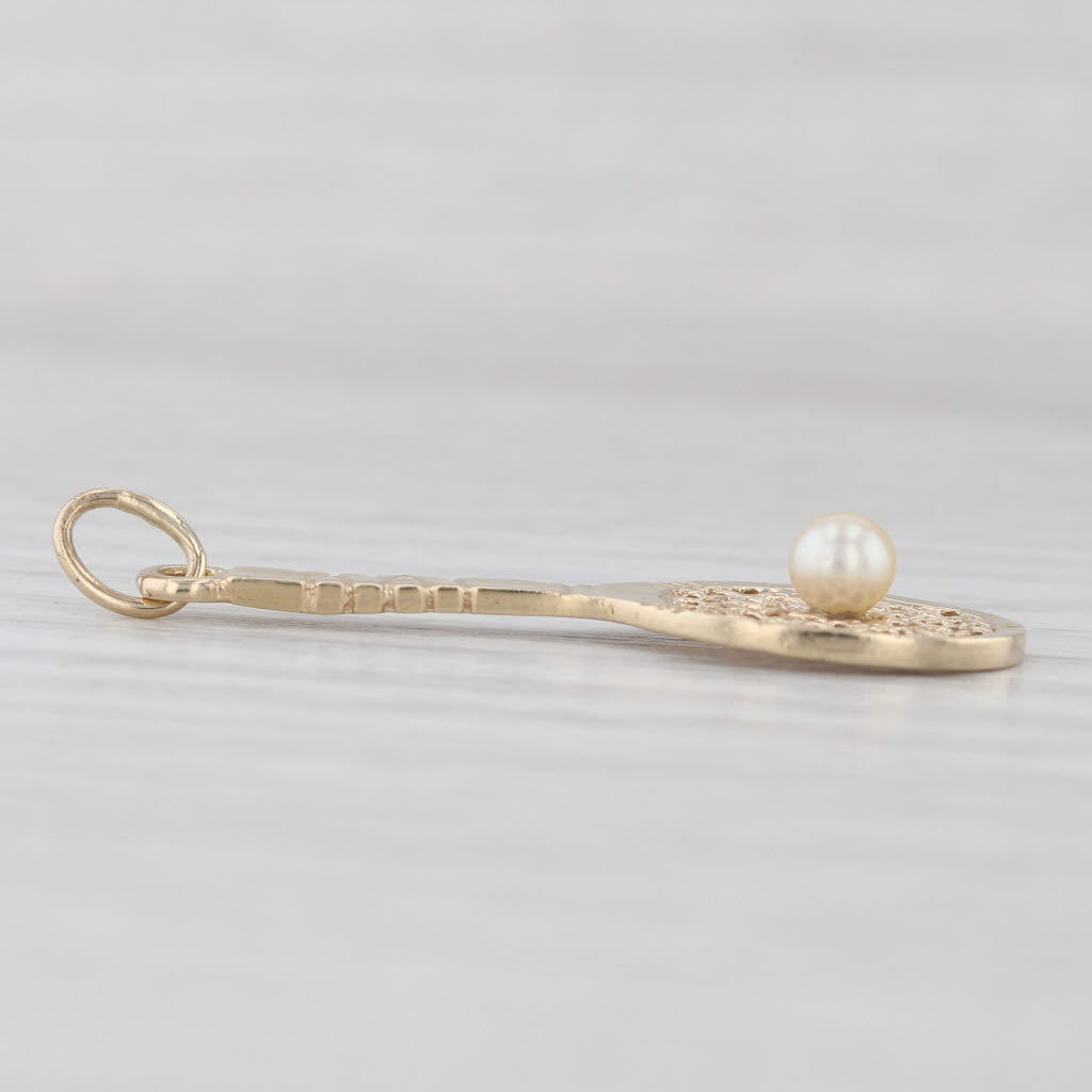 Light Gray Cultured Pearl Solitaire Tennis Racquet Pendant 14k Yellow Gold Charm