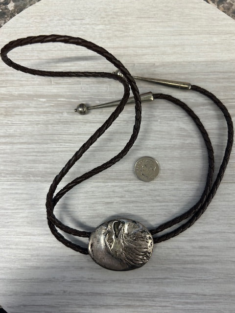 Gray Vintage Southwestern Eagle Bolo Tie Sterling Silver Leather Adjustable 33"