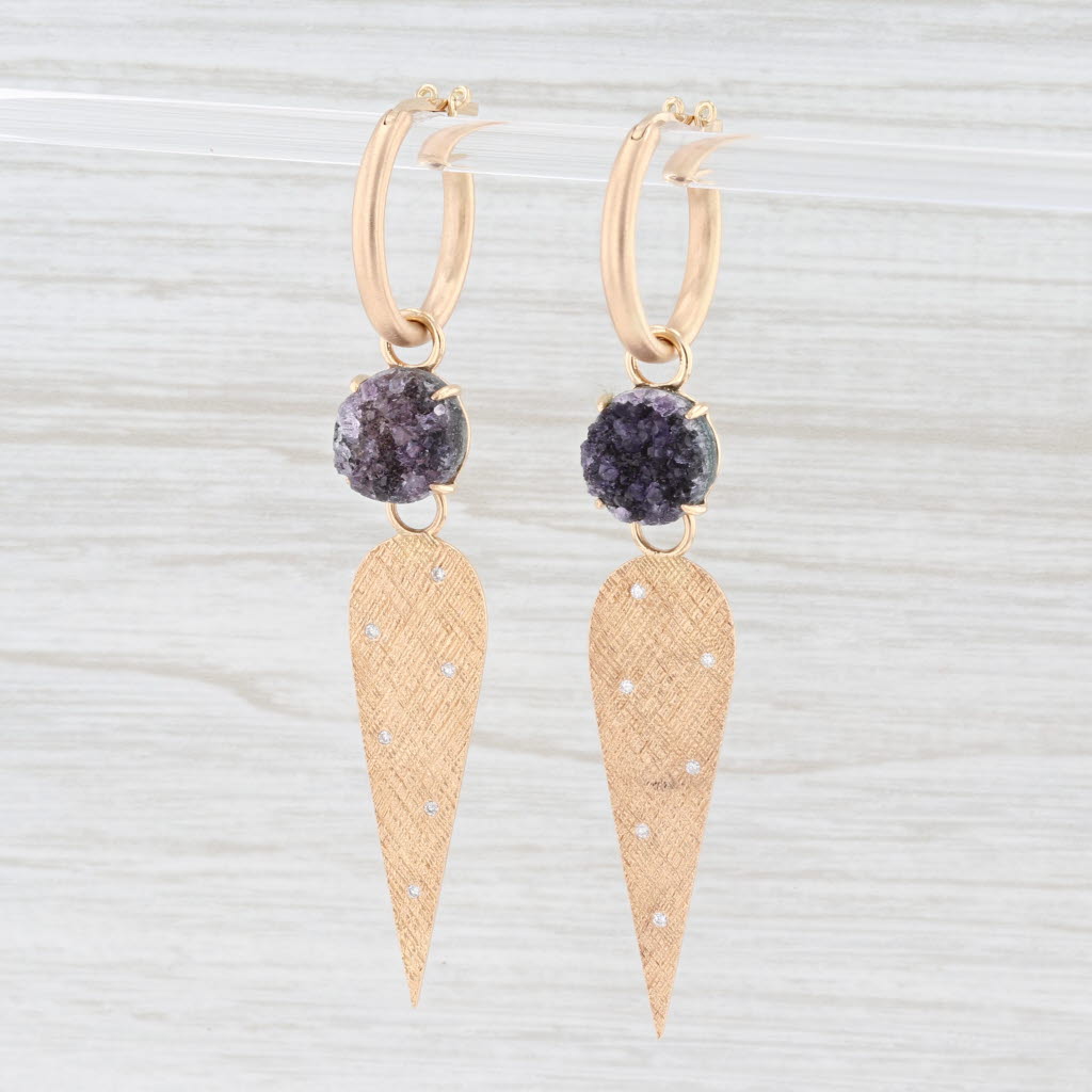 New Nina Wynn Hoop Earrings 18k Gold Druzy Amethyst Diamond Charms