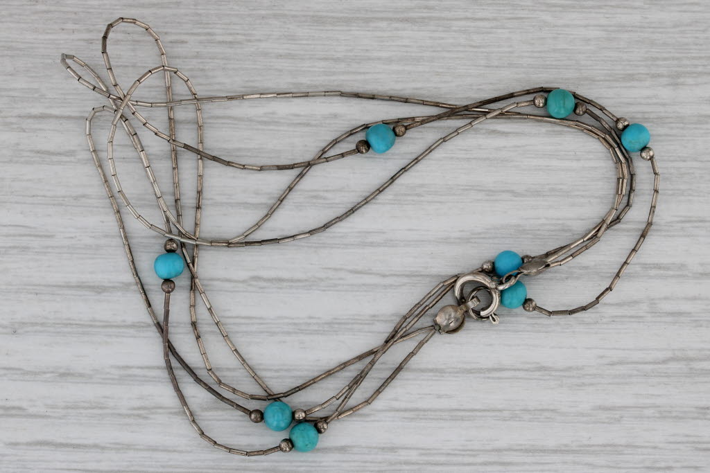 Gray Vintage Native American Liquid Silver Turquoise Necklace Sterling Silver 18"
