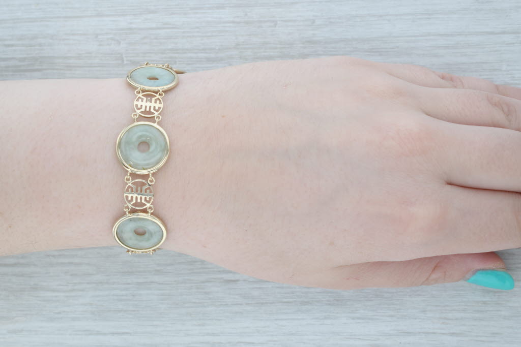 Gray Jadeite Jade Hololith Chinese Character Circle Link Bracelet 14k Gold 7.25"