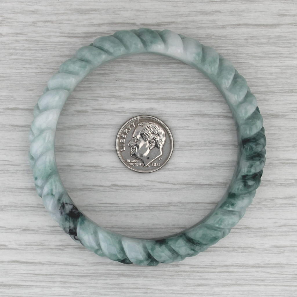 Marbled Green Braid Carved Jadeite Jade Bangle Bracelet 7” 12.8mm Stackable