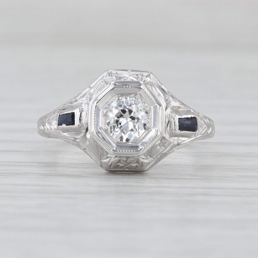 Vintage Art Deco 0.44ctw Diamond Lab Created Sapphire Engagement Ring 18k Gold