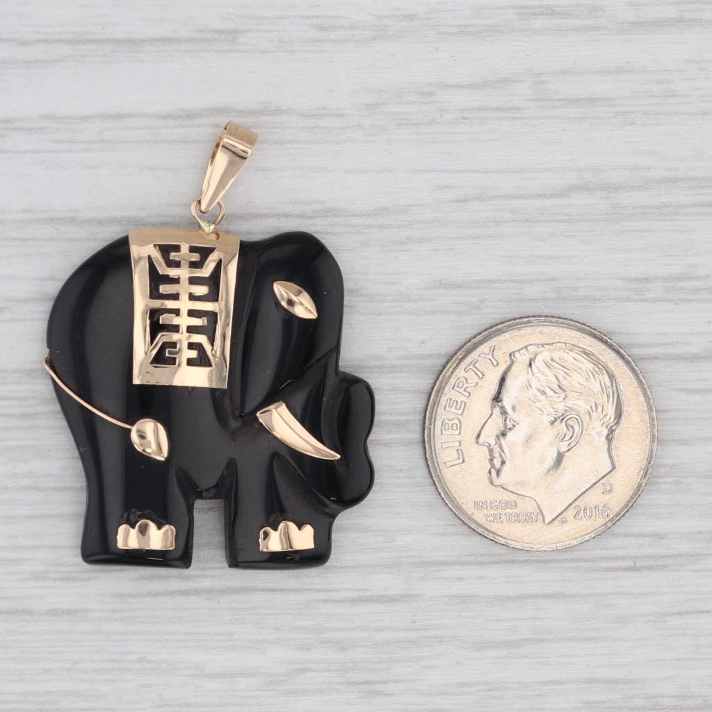 Carved Onyx Elephant Pendant 14k Yellow Gold Longevity Chinese Calligraphy