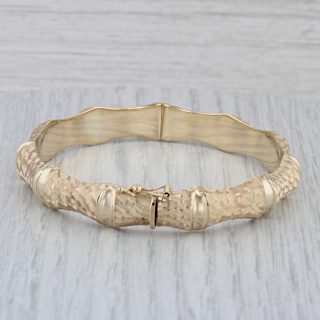 Gray Hammered Bamboo Bangle Bracelet 14k Yellow Gold 7.5" 10.1mm