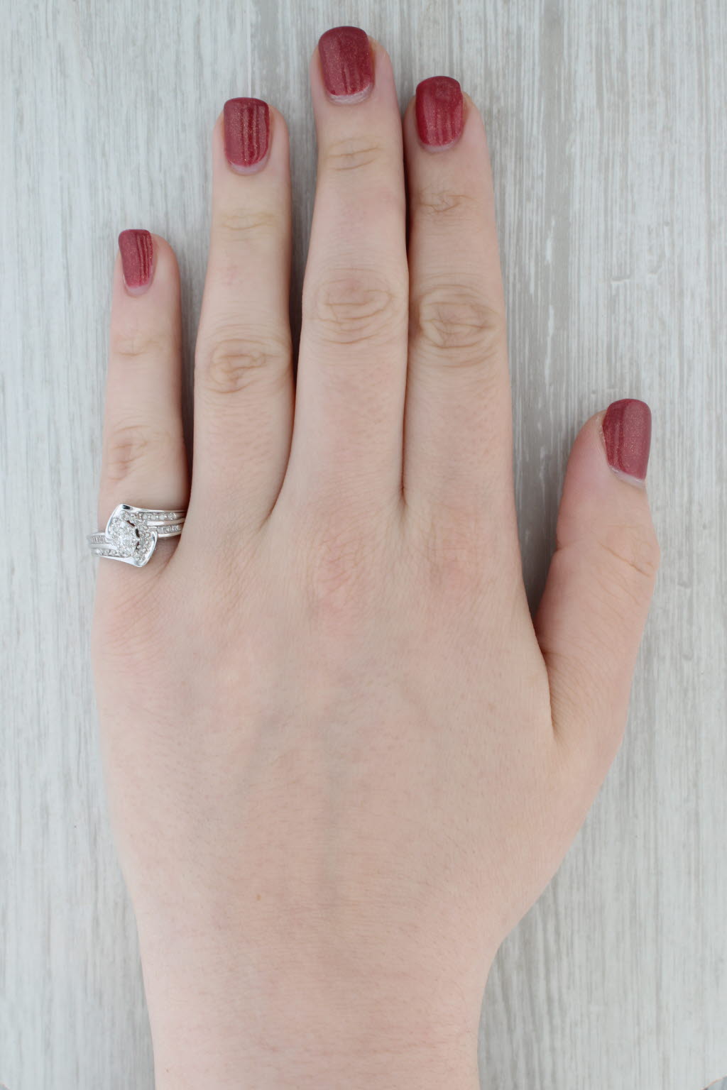 Gray Diamond Bypass Engagement Ring Bridal Set 10k White Gold Size 7.25