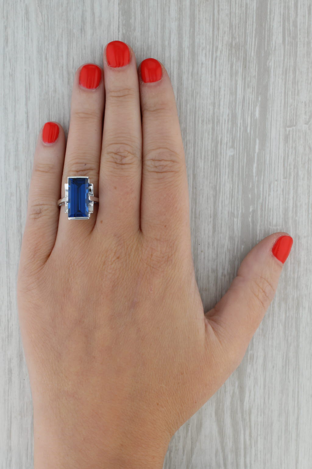 Rosy Brown 5.50ct Lab Created Blue Spinel Ring 10k White Gold Size 6 rectangle Solitaire