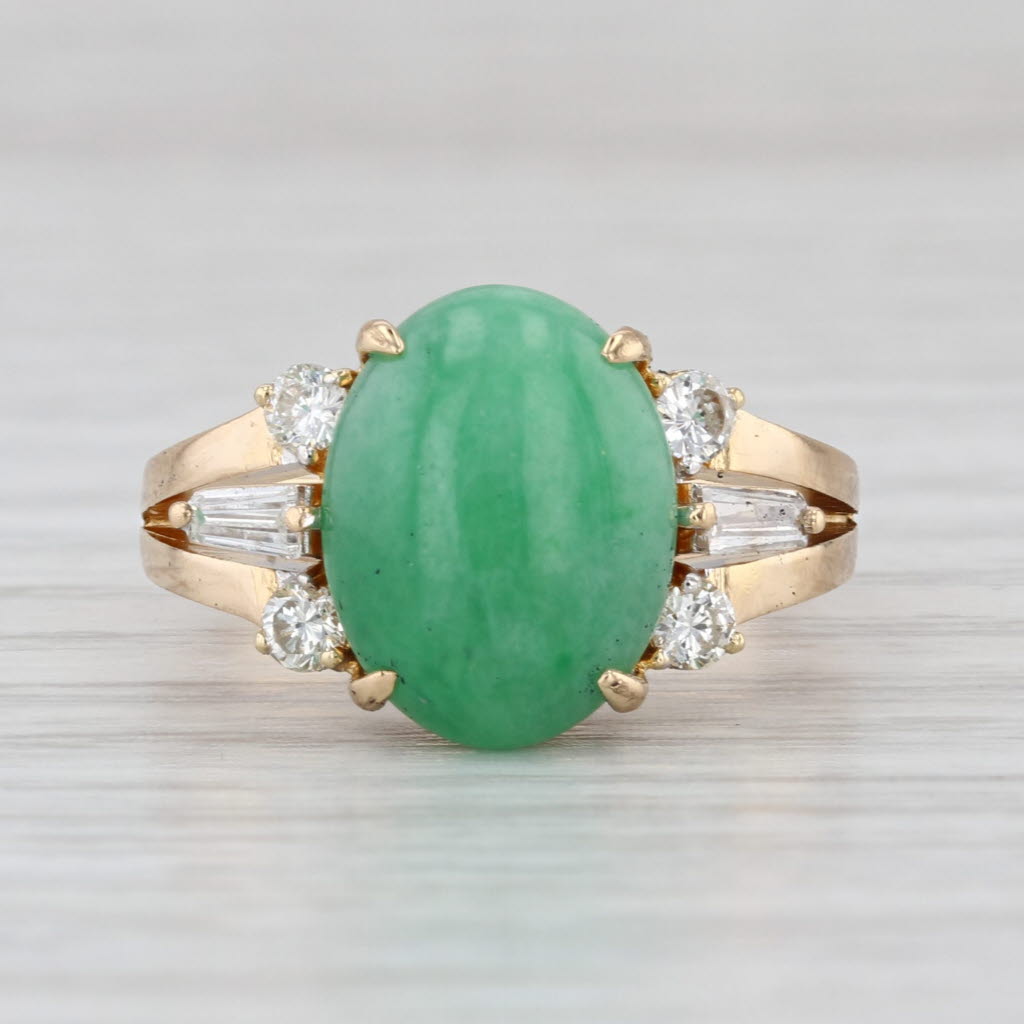 Green Jadeite Jade Cabochon 0.20ctw Diamond Ring 18k Yellow Gold Size 6.75