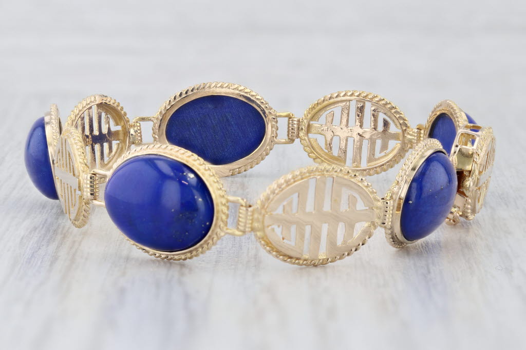 Lapis Lazuli Cabochon Oval Link Bracelet 14k Yellow Gold 6.75" 12.2mm