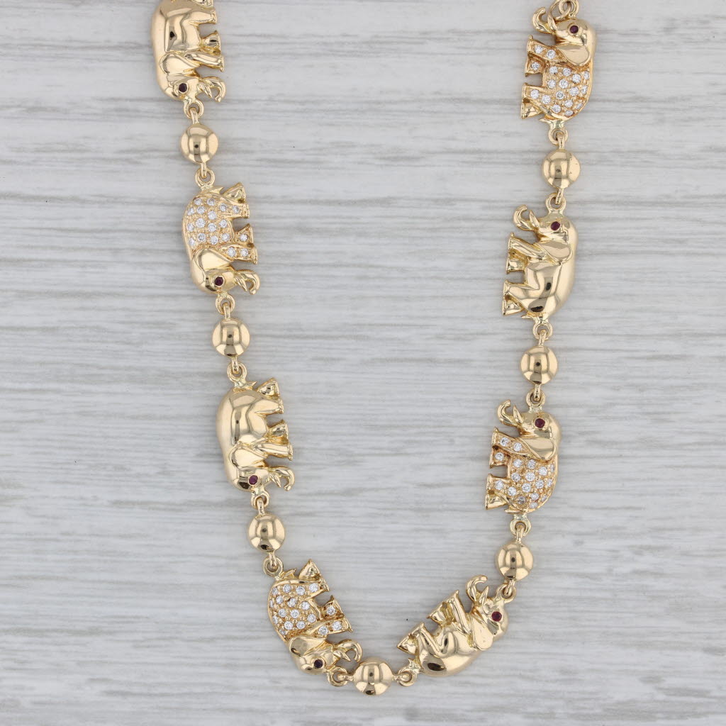 Gray 0.28ctw Diamond Ruby Elephant Necklace 14k 18k Yellow Gold 16"