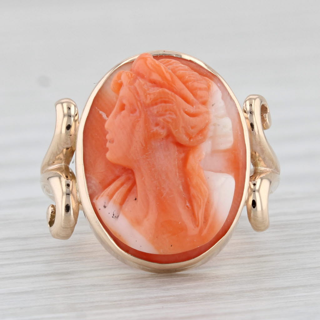 Light Gray Antique Coral Cameo Ring 10k Yellow Gold Size 3.75 Figural