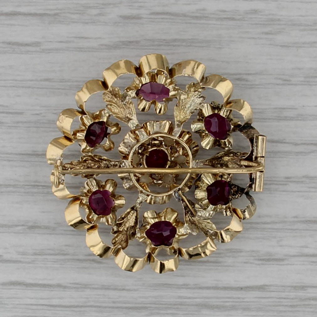Vintage French 5ctw Garnet Pearl Flower Brooch 18k Yellow Gold Large Pin