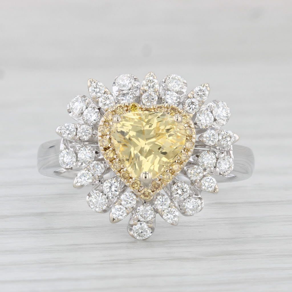 Light Gray 2.18ctw Yellow Sapphire Diamond Halo Heart Ring 14k White Gold Size 7 Cocktail