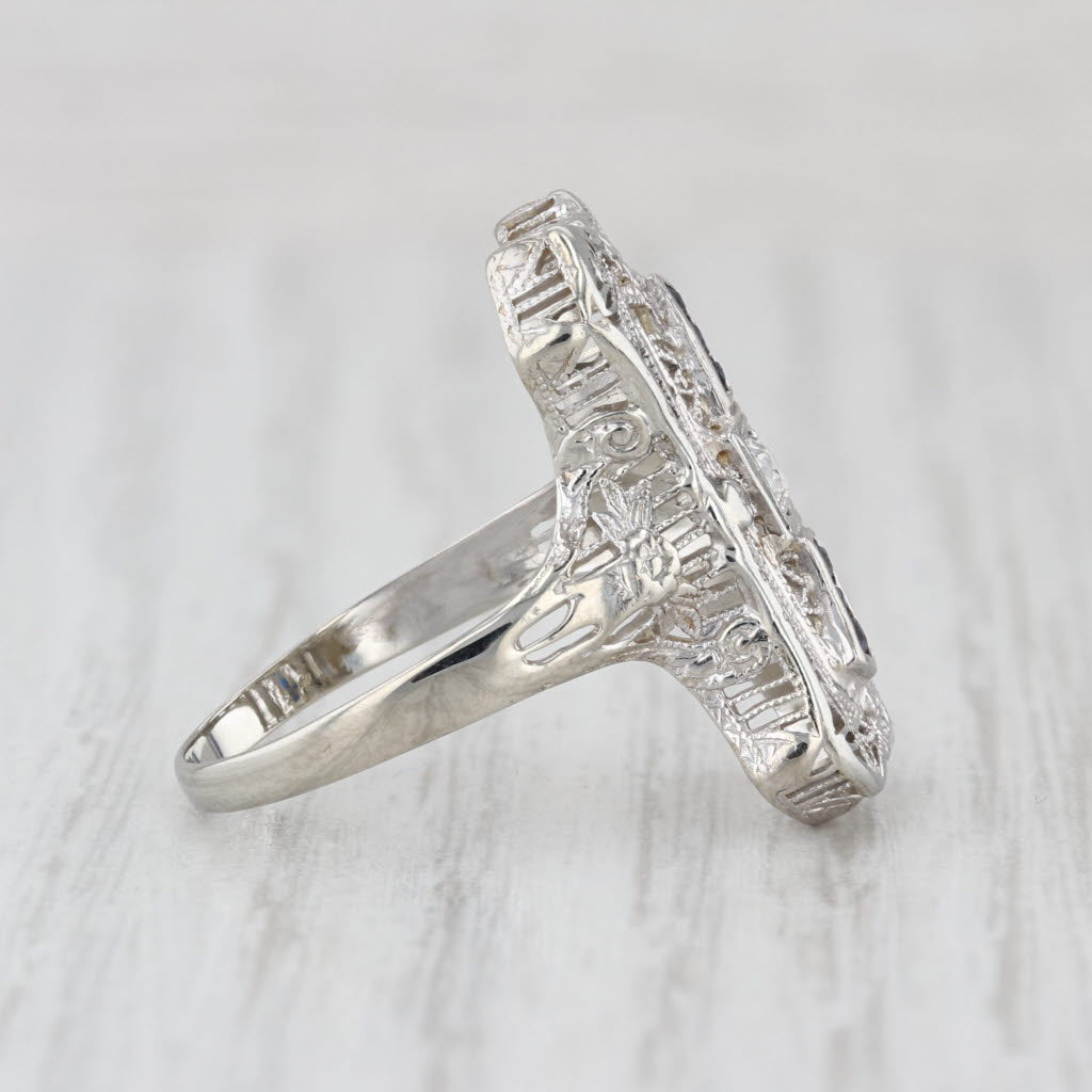Art Deco Diamond Lab Created Sapphire Filigree Ring 18k White Gold Size 5.75
