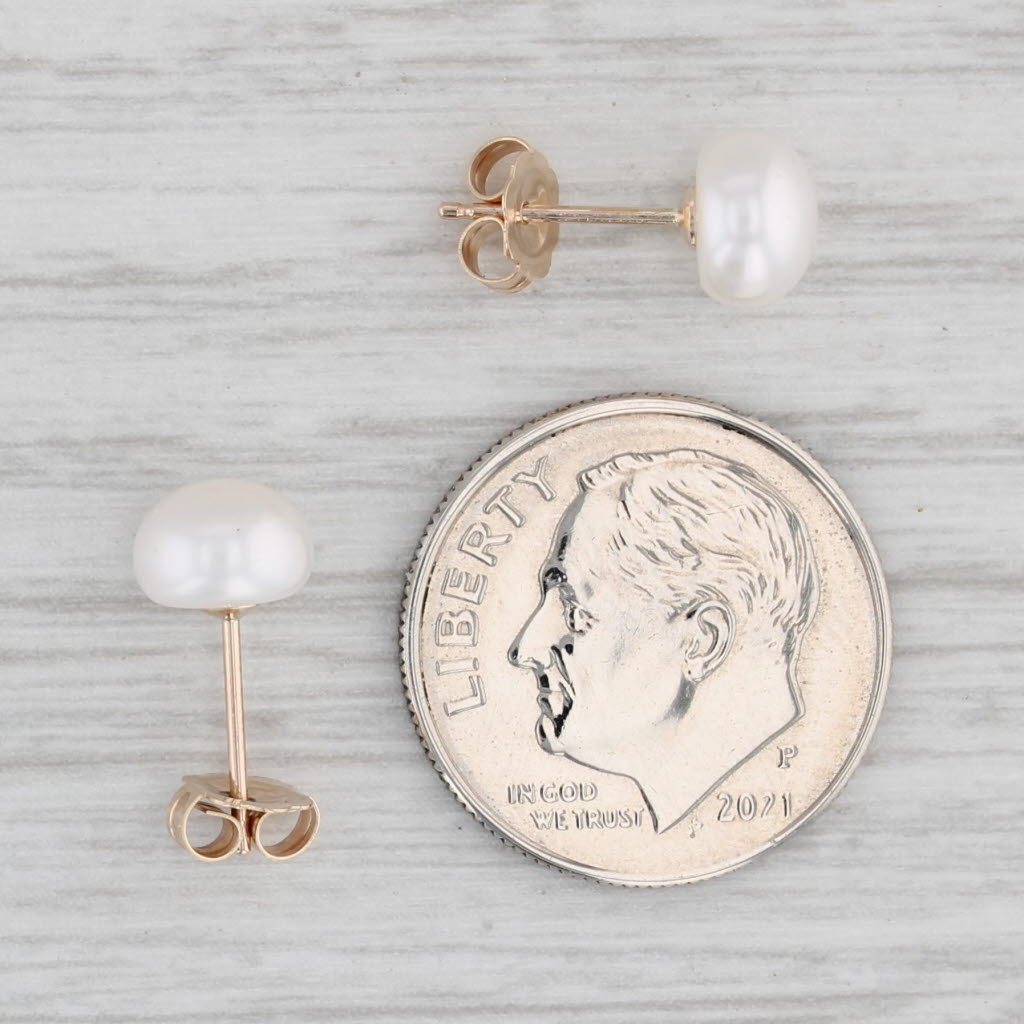 Light Gray Cultured Pearl Stud Earrings 10k Yellow Gold Round Button Solitaires