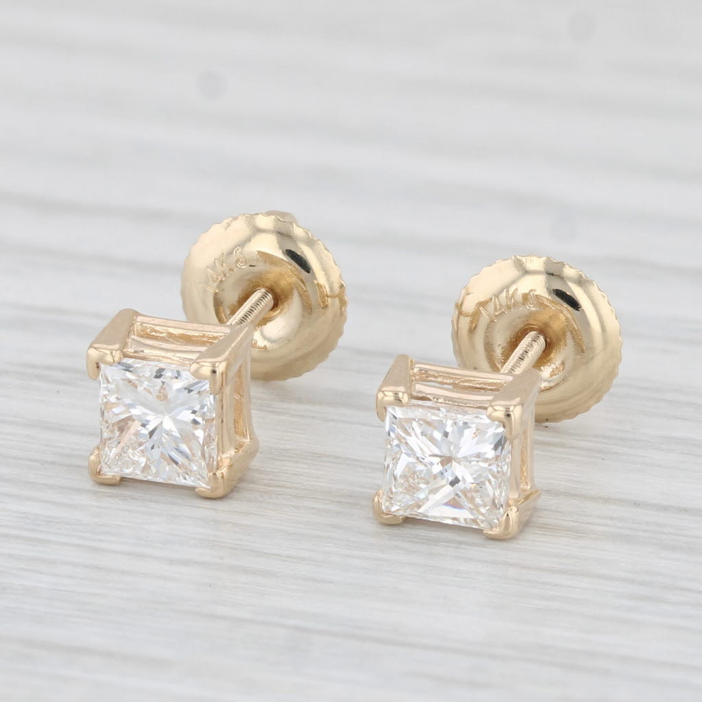 Light Gray 0.90ctw Diamond Princess Stud Earrings 14k Yellow Gold Solitaire Studs
