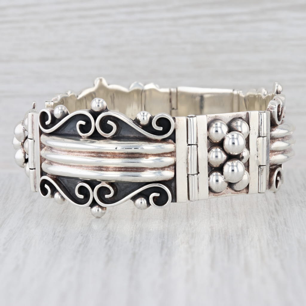 Vintage Panel Link Statement Bangle Bracelet Sterling Silver 7.5" 29.4mm Mexico