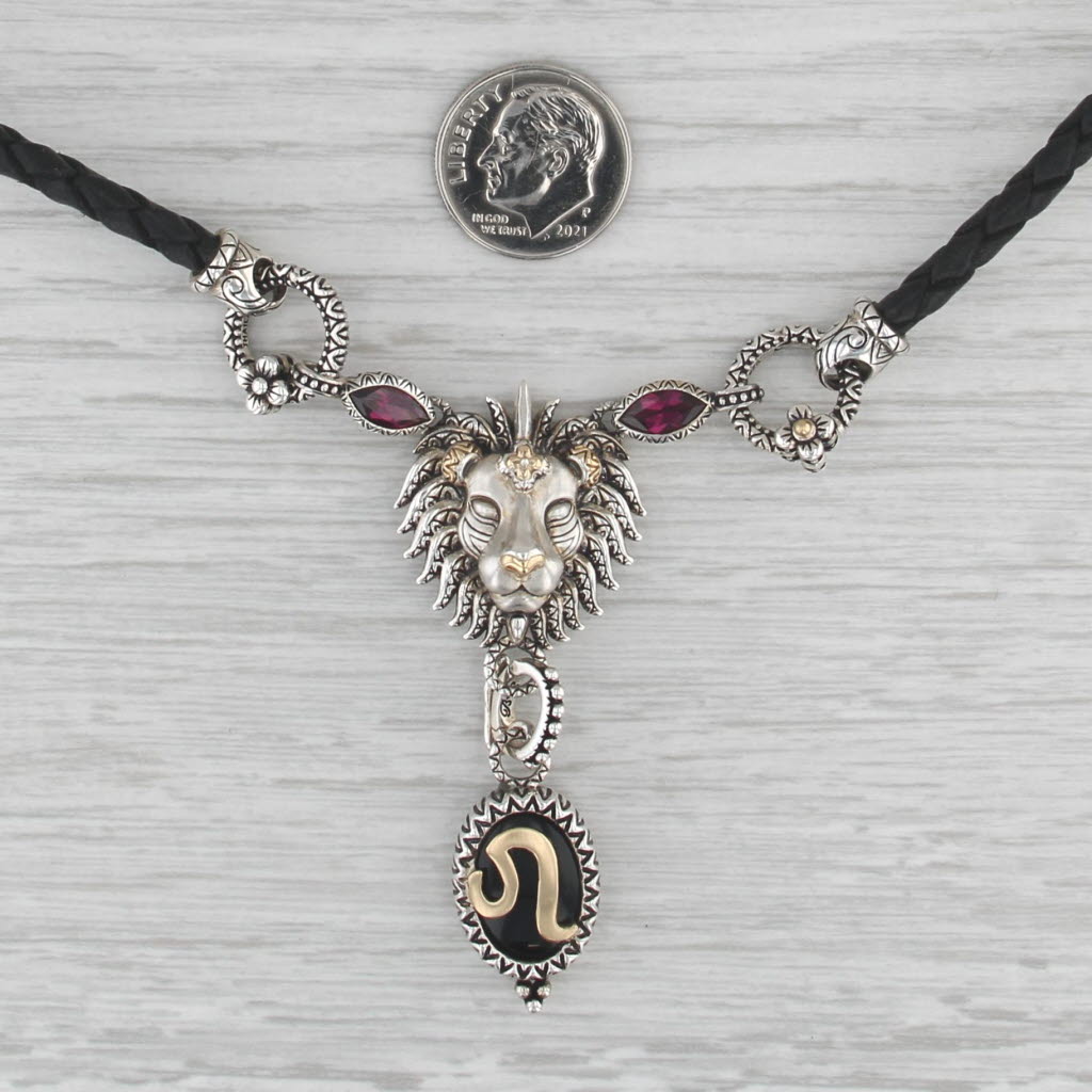 Bixby Onyx Zodiac Sign Leo Lion Pendant Necklace Sterling Silver 18k Gold Cord
