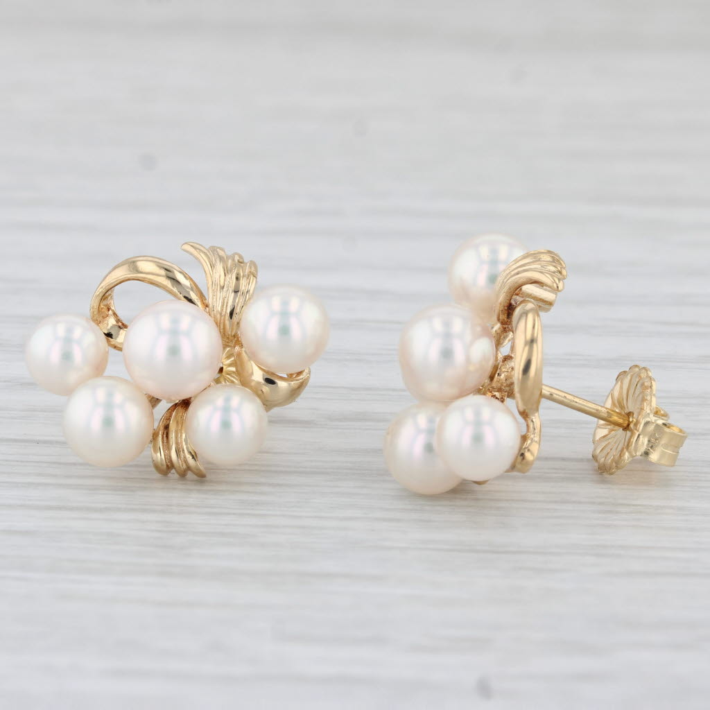 Light Gray Cultured Pearl Cluster Stud Earrings 18k Yellow Gold