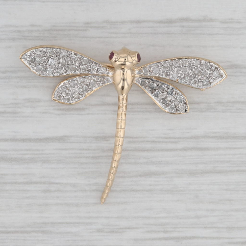Gray 0.25ctw Diamond Ruby Dragonfly Brooch 14k Yellow Gold Pin