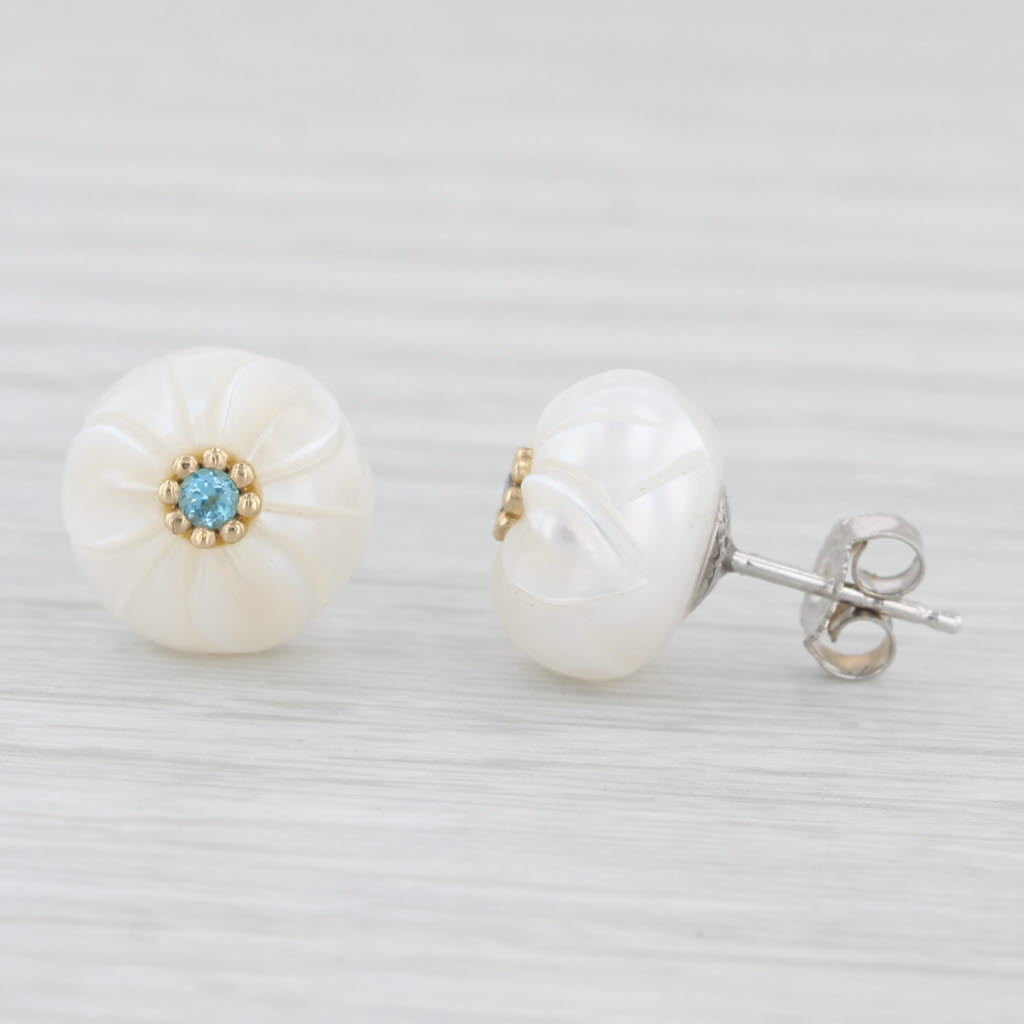 Light Gray New Cultured Pearl Morning Glory Flower Topaz Stud Earrings 14k Gold Galatea