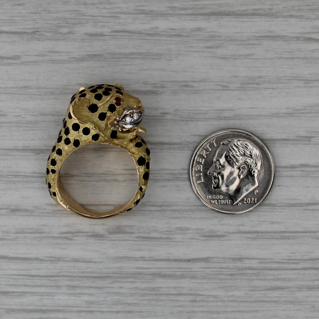 Leopard Ring Diamond Lab Created Ruby 18k Yellow Gold Enamel Statement