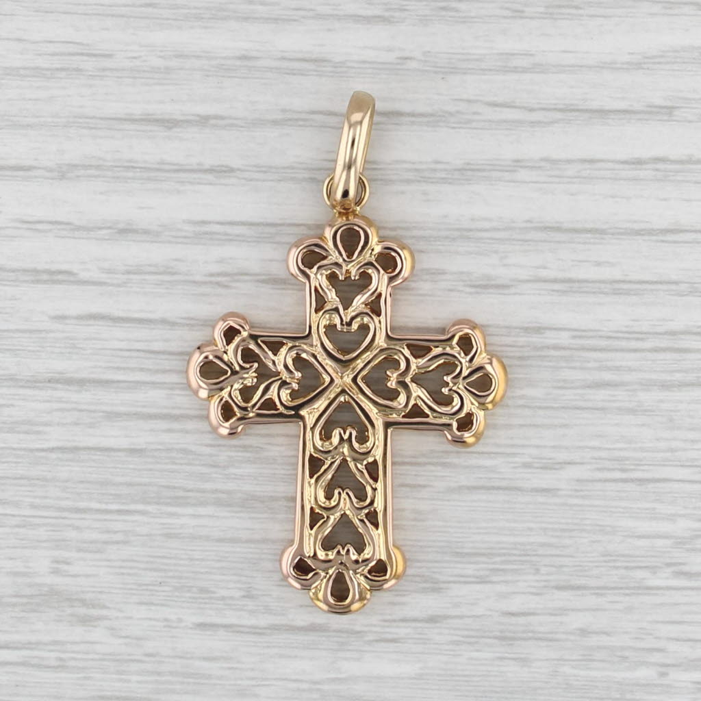 Ornate Open Work Cross Pendant 14k Yellow Gold Heart Accents