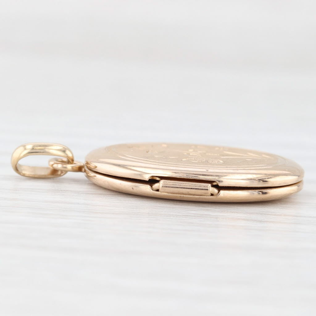 Beige Floral Engraved Engravable Locket Pendant 14k Yellow Gold Vintage