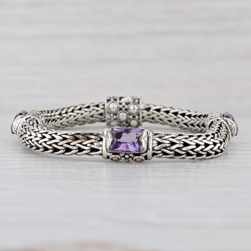 John Hardy Amethyst Station Bracelet Sterling Silver 18k Gold Wheat Chain