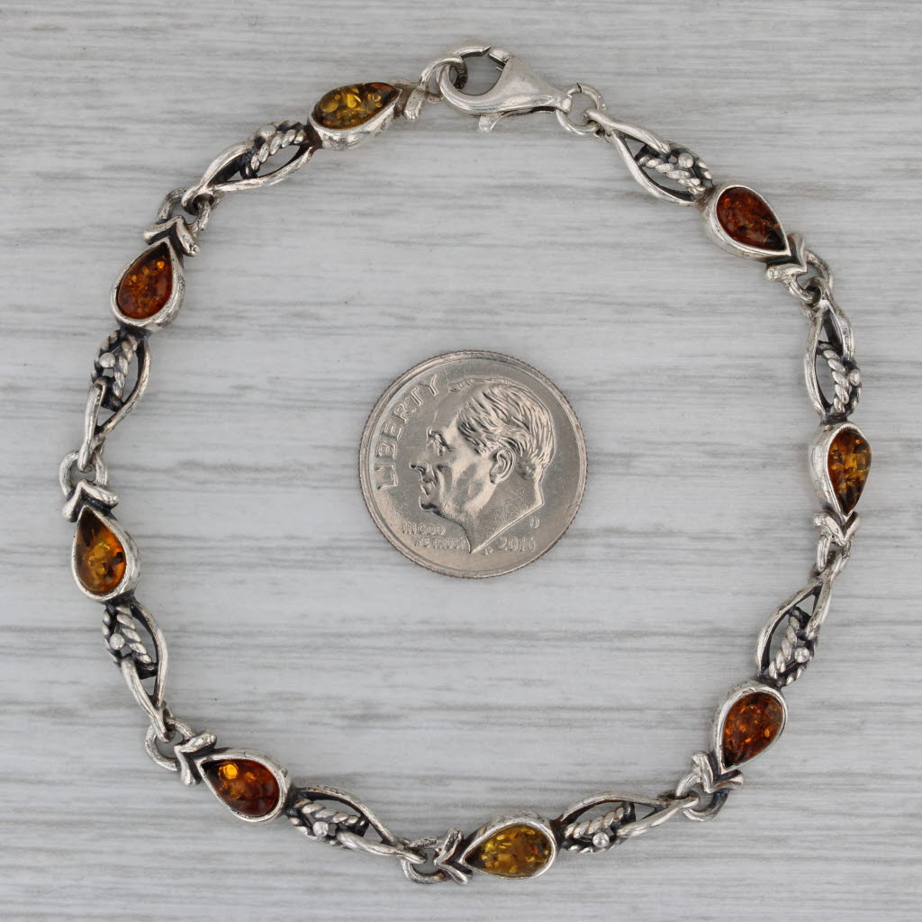 Dark Gray Vintage Amber Bracelet Sterling Silver Pear Cabochons 7" 4.4mm