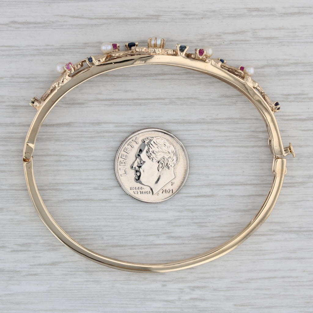 Gray Gemstone Floral Bangle Bracelet 14k Gold 0.46ctw Sapphire Ruby Cultured Pearl