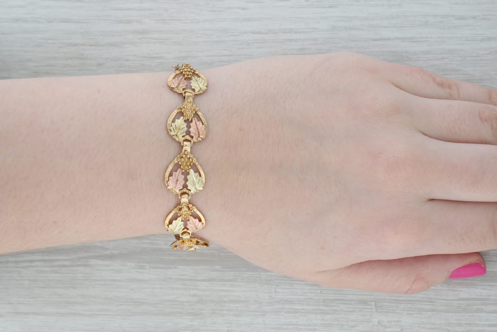 Gray Black Hills Gold Co Floral Heart Chain Bracelet 10k 12 Rose Yellow Green 6.5"