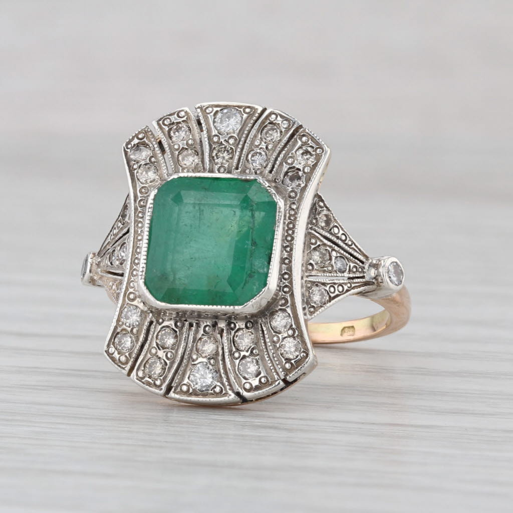 Vintage 3.53ctw Emerald Diamond Ring 14k Gold Silver Cocktail Size 9