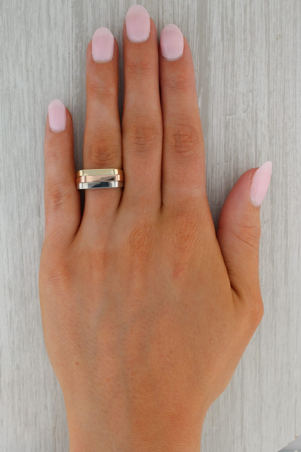 Rosy Brown Tri-toned 3 Stacked Rings 14k Yellow Rose White Gold Size 9