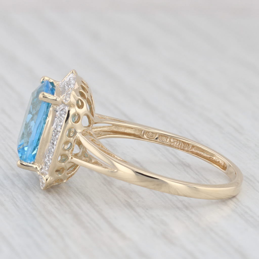 Light Gray 5.08ctw Blue Topaz Diamond Ring 14K Yellow Gold Cushion Solitaire Halo Size 9.25