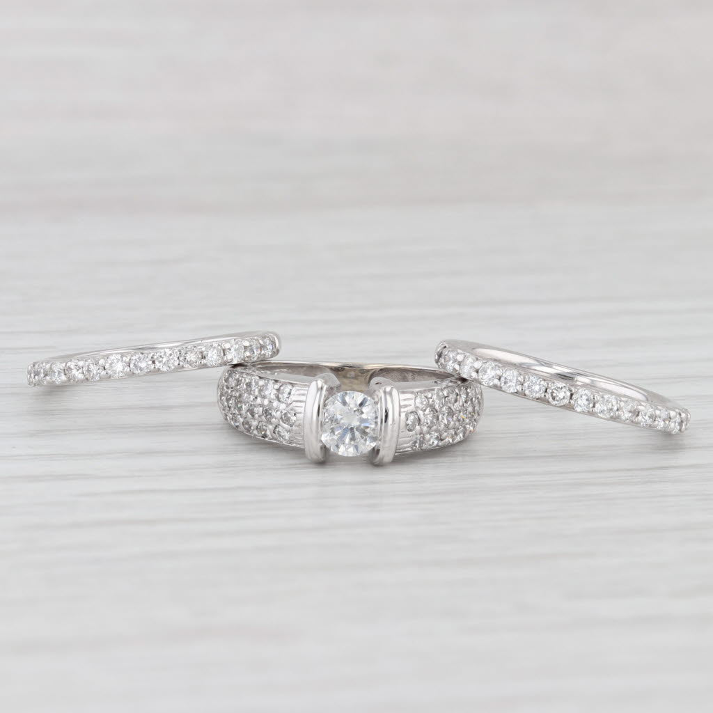 Light Gray 1.34ctw Diamond Engagement Ring 2 Wedding Band Bridal Set 14k White Gold Sz 4.75