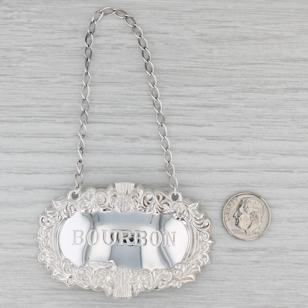 Gray Vintage Bourbon Decanter Bottle Tag Charm British Sterling Silver Barware Ornate