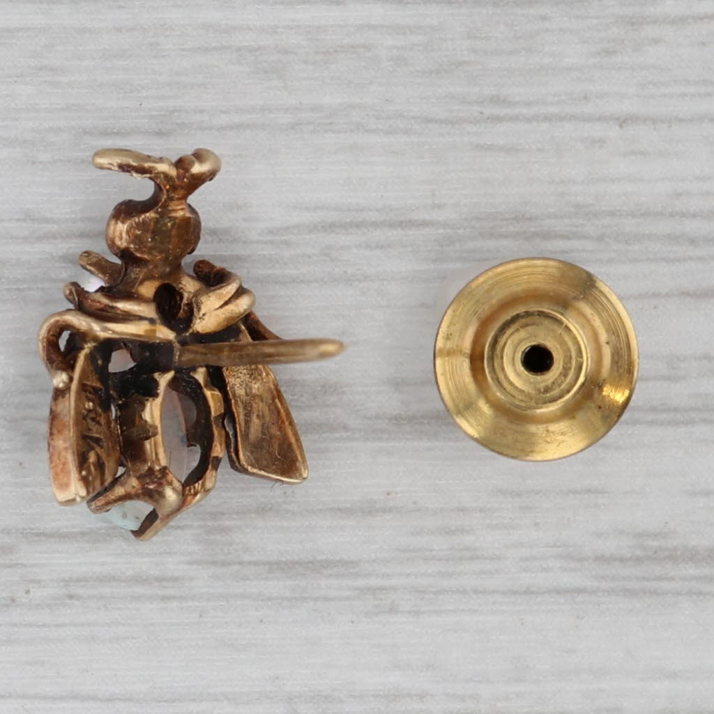 Gray Antique Opal Pearl Glass Bug Pin 14k Yellow Gold Lapel Tie Tac
