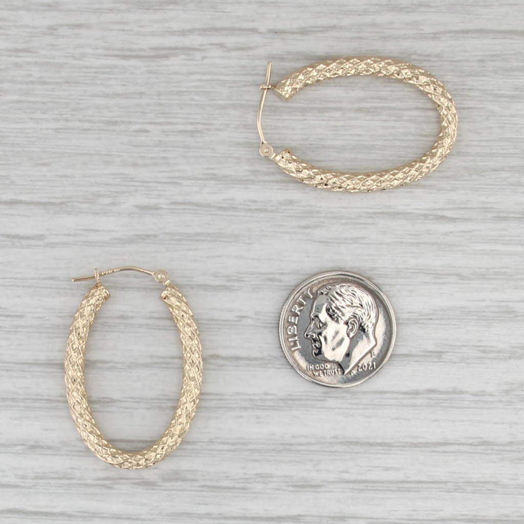 Crosshatch Oval Hoop Earrings 14k Yellow Gold Snap Top Hoops