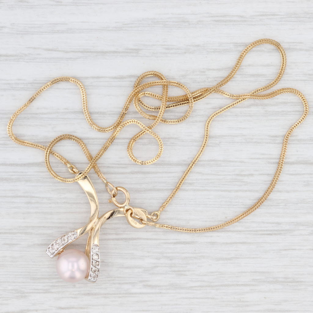 Light Gray Cultured Pearl 0.10ctw Diamond Pendant Necklace 14k Yellow 16.75" Wheat Chain