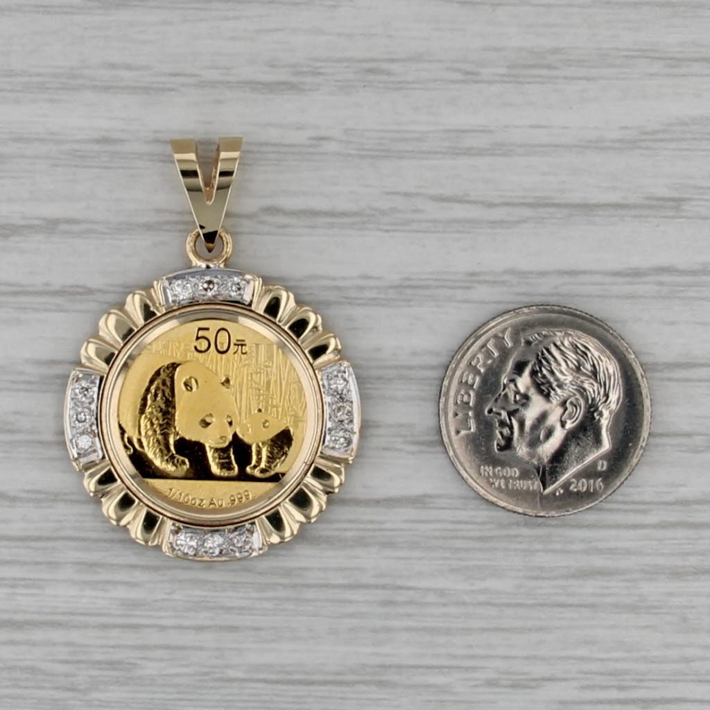 0.20ctw Diamond Chinese Panda Coin Pendant 14k 999 Gold 50 Yuan 2011 1/10oz