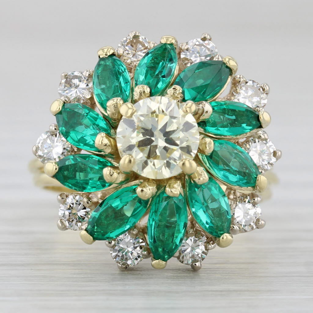 Gray 3.59ctw Lab Created Emerald Diamond Flower Ring 18k Gold Vintage Cocktail Sz 6.5