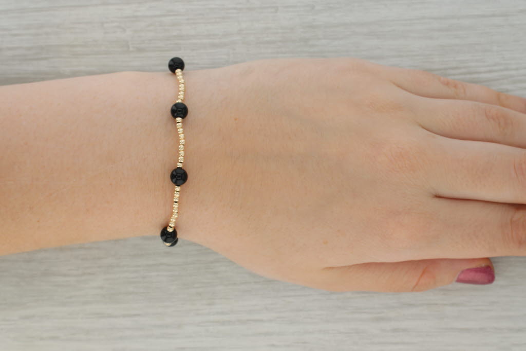 Rosy Brown New Onyx Bead Bolo Bracelet 14k Yellow Gold 8.25" Adjustable Rope Chain