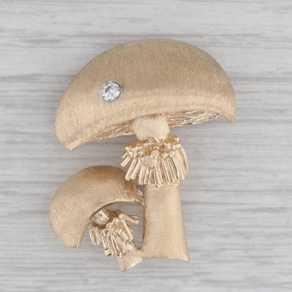 Gray Diamond Accented Big Little Mushroom Brooch Pendant 14k Gold Statement Pin