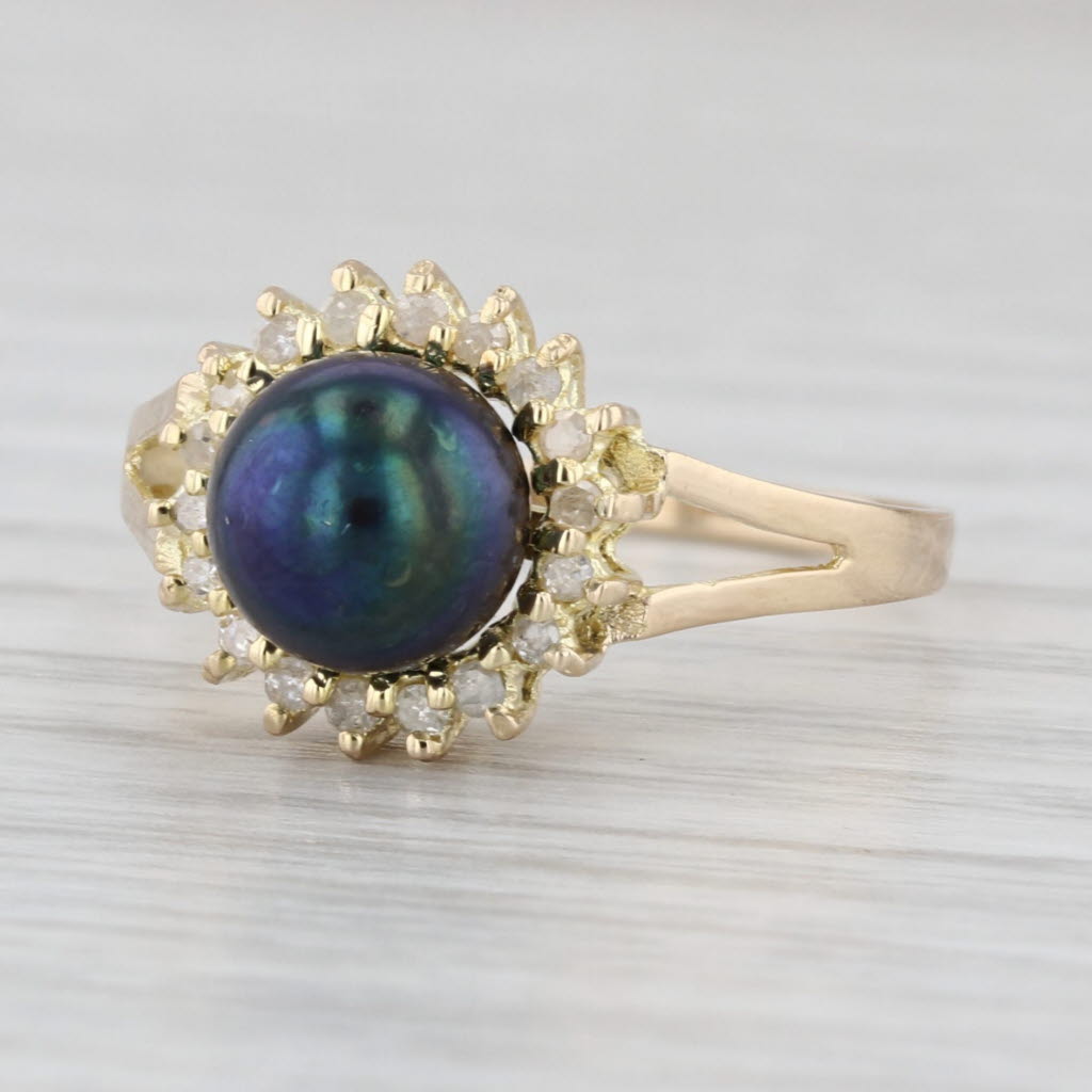 7mm Black Cultured Pearl Diamond Halo Ring 14k Yellow Gold Size 7