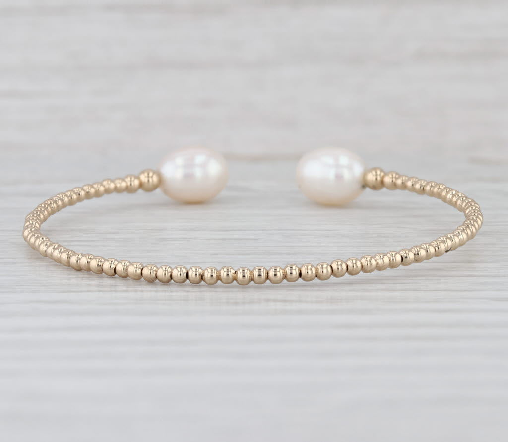 Cultured Pearl Bead Cuff Bracelet 14k Yellow Gold 7" Adjustable