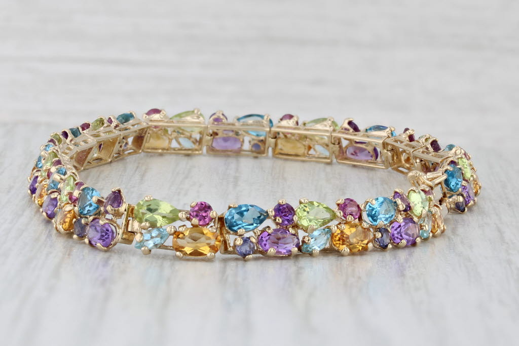 Light Gray 12.87ctw Gemstone Tennis Bracelet 14k Gold 8" Topaz Citrine Peridot Amethyst