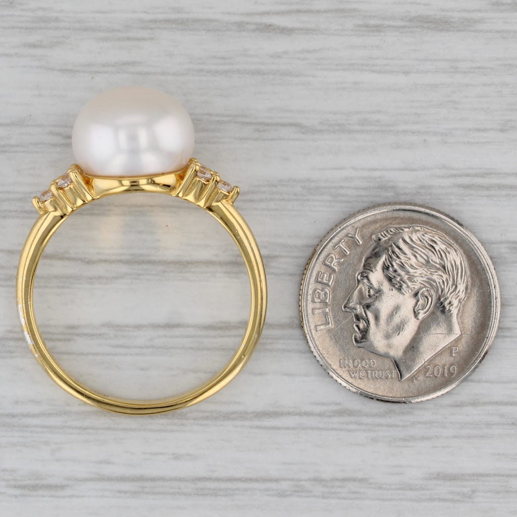Gray Cultured Pearl Cubic Zirconia Ring Sterling Silver Gold Vermeil Size 9.25