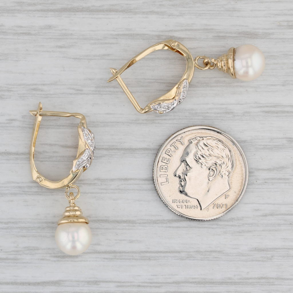 Gray Cultured Pearl Diamond Drop Earrings 14k Yellow Gold Snap Top