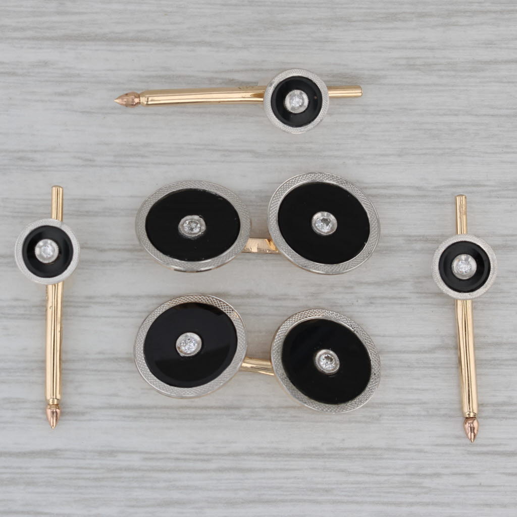 5 Piece Set Cufflinks Shirt Studs 14k Gold Platinum Onyx 0.21ctw Diamo